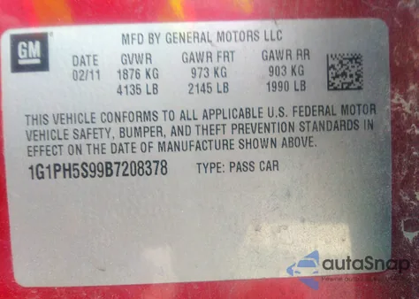 2011 Chevrolet Cruze Ltz z USA, uszkodzony, nr VIN 1G1PH5S99B7208378